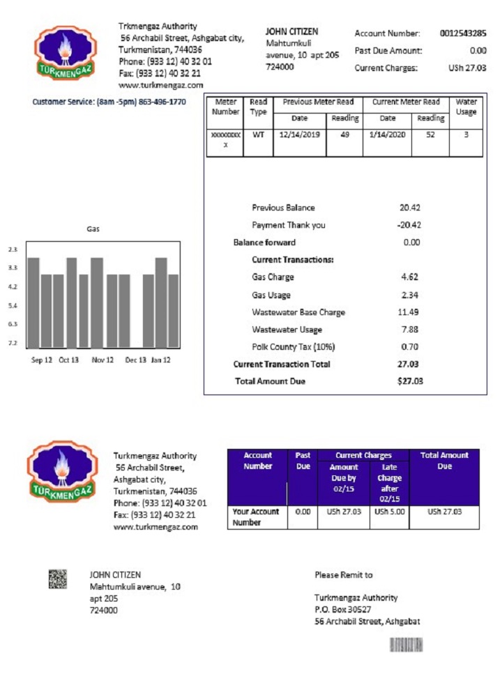 Turkmenistan Turkmengaz utility bill template in Word and PDF format
